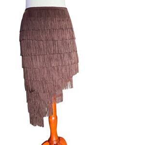 Hanna Schoenberg Brown Fringe Skirt Layered Asymmetrical Hem Festival Boho 4
